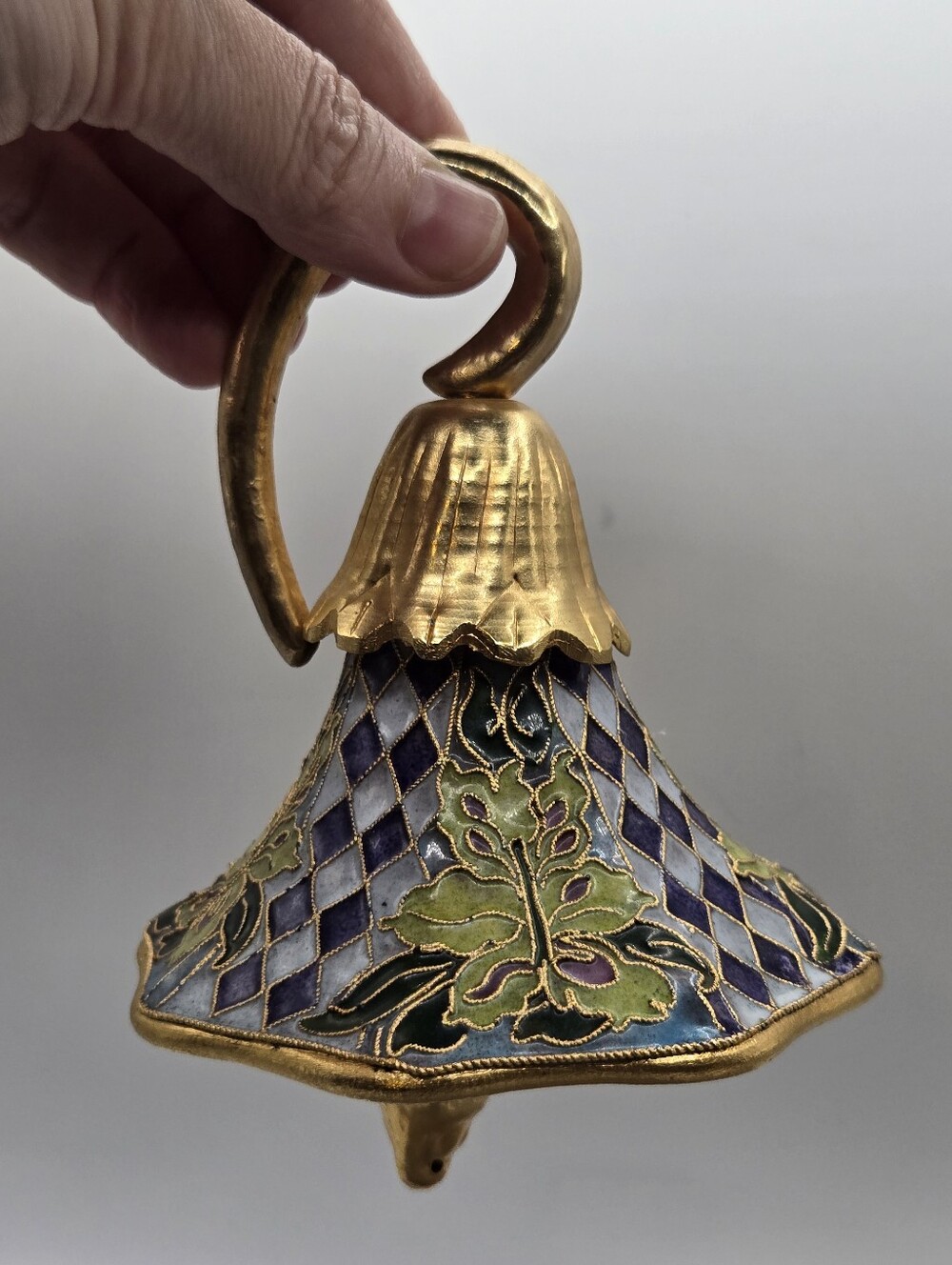 Cloisonne Enamel Bell Gold Tone Checkerboard Floral Decorative Childs Aesthetic